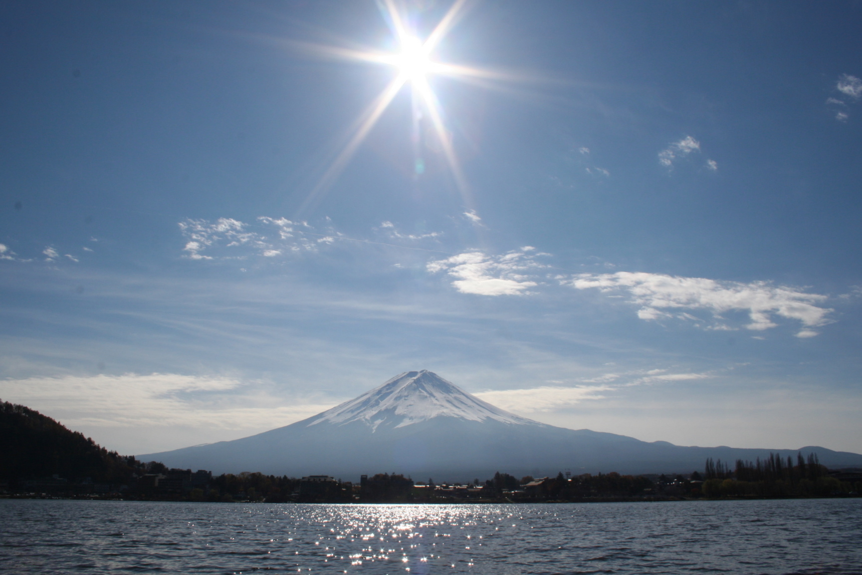 从河口湖望向富士山的积雪山顶
